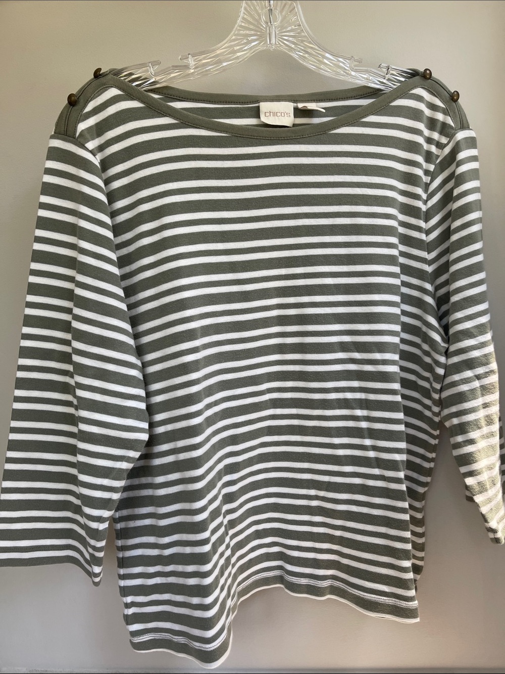 Chico's Olive & White Striped Boatneck Shirt